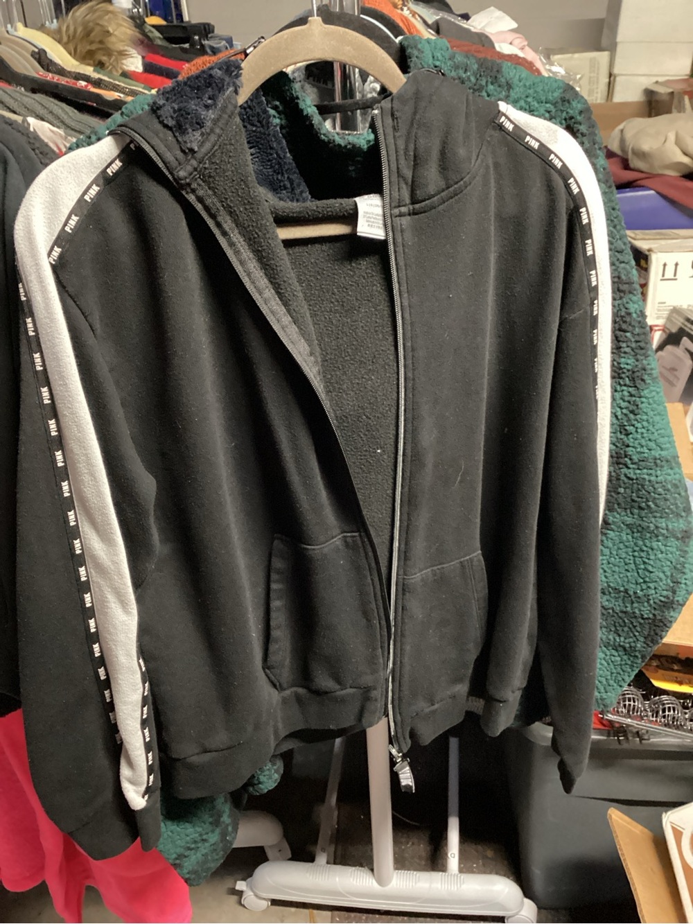 PINK Victoria's Secret Black Zip-Up Bomber Jacket with White Stripe